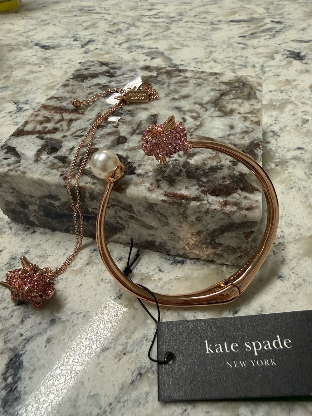 kate spade Rose Gold Pink Crystal Pig Necklace & Bracelet Set